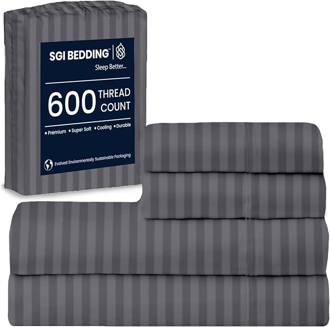 SGI bedding RV Short Queen Sheet Set 60x75, 600 TC Egyptian Cotton, 4 Piece Luxury Hotel Collection, Ultra Soft & Breathable, Fits RV Mattress Camper & Trailer, 15 Inch Pocket, Dark Grey Stripe