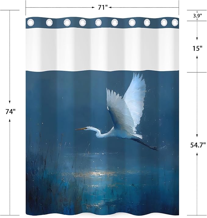 No Hook Shower Curtain and Liner Set, Flying Egret Coastal Bird Art Print - Navy Blue Waterproof Fabric Bath Curtain for Lake House Nature Inspired Bathroom Decor, Mesh Top, 71W x 74H