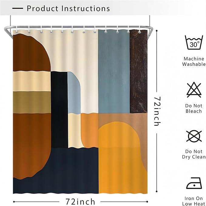 Brown Mid Century Shower Curtain, Abstract Geometric Modern Pattern, Navy Blue and Yellow Boho Bathroom Decor, Retro Art Waterproof Fabric Bath with Hooks, 70x84 Inch