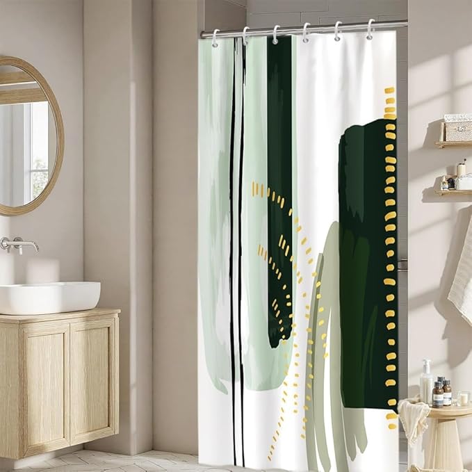 Abstract Geometric Shower Curtain for Bathroom Modern Minimalist Neutral Bathroom Decor Set Green Chic Boho Bathtub Curtain for Hotel Machine Washable Waterproof Polyester Fabric with Hooks 36x72 Inch