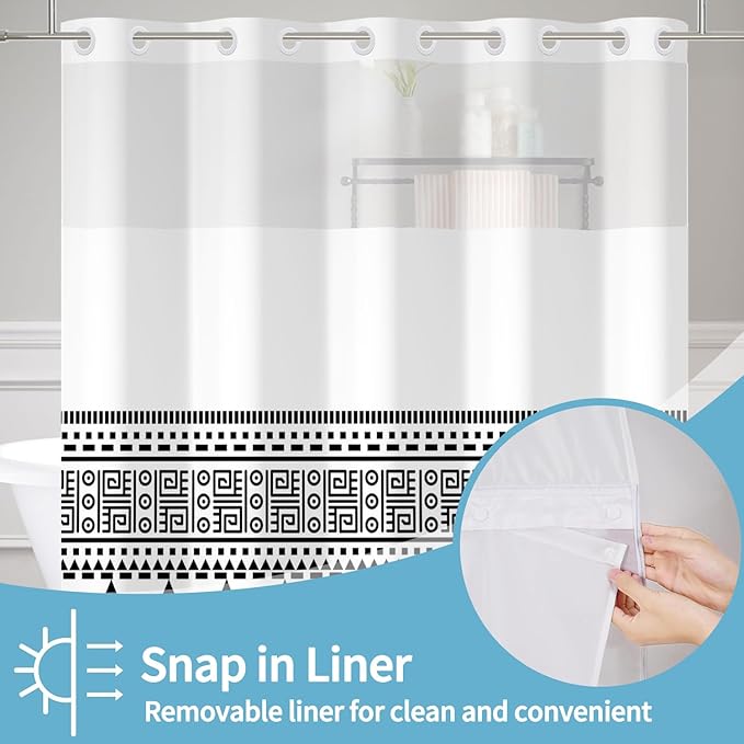 Black and White Shower Curtain Snap in Liner Waterproof Fabric Shower Curtains for Bathroom Classical Pattern of Modern Black Striped Triangle Pattern Polyester Bath Curtain Sets No Hook 71x74 Inch