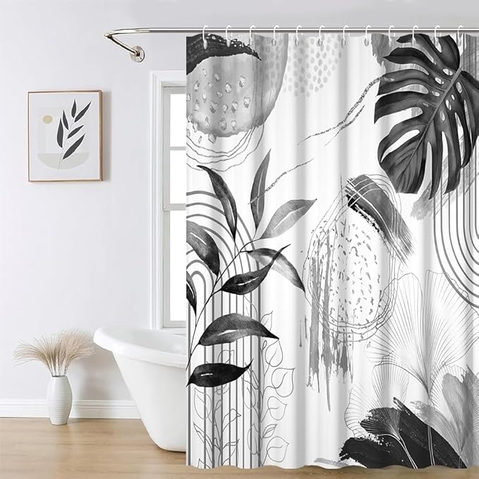 Mid Century Boho Shower Curtain Gray Tropical Palm Leaf Abstract Geometric Minimalist Aesthetic Bathroom Decor Watercolor Plant Bath Curtain Washable Waterproof Polyester Fabric with Hooks 72x96 Inch