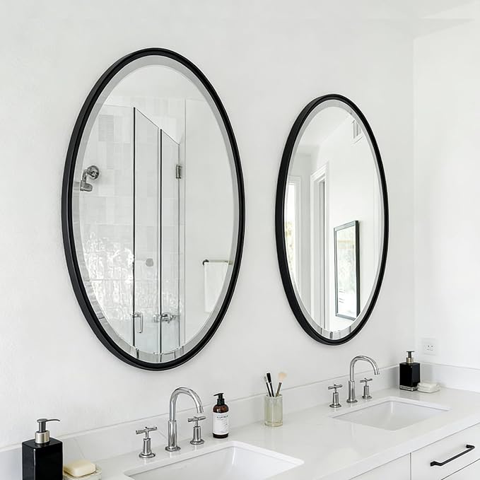 POZINO Oval Beveled Mirror, 24"x36" Bathroom Vanity Mirror for Over Sink, Matte Black Modern Rounded Wall Mirror for Living Room Entryway Bedroom Hallway Fireplace, Hangs Horizontal Or Vertical