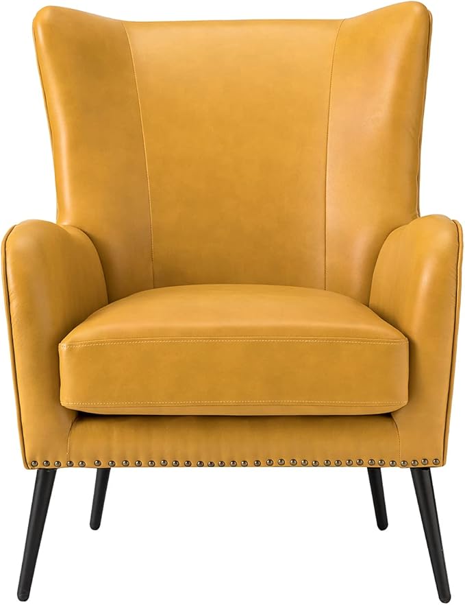 HULALA HOME Faux Leather Accent Chair Set of 2 with Removable Cushion, Comfy Upholstered Armchair with Metal Legs & Nailhead Trim Wingback Vanity Chair for Reading Living Room Bedroom, Yellow