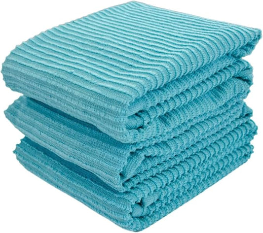 Serafina Home Aqua Light Blue Kitchen Dish Towels: (18" x 28", 3 Pack) 100% Cotton Cloth Soft Cleaning Drying Absorbent Ribbed Terry Loop, Multipurpose (Aqua Blue)