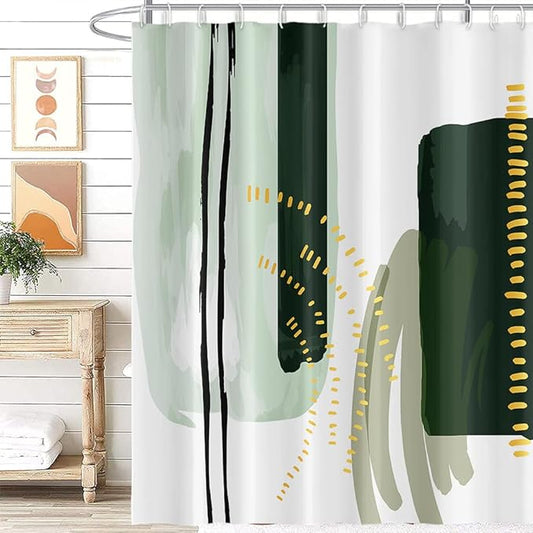 Abstract Geometric Shower Curtain Watercolor Green Painting Gold Pattern Design for Modern Minimalist Bathroom Decor Accessories Shower Curtain Set with 12 Hooks, 72x78 Inches