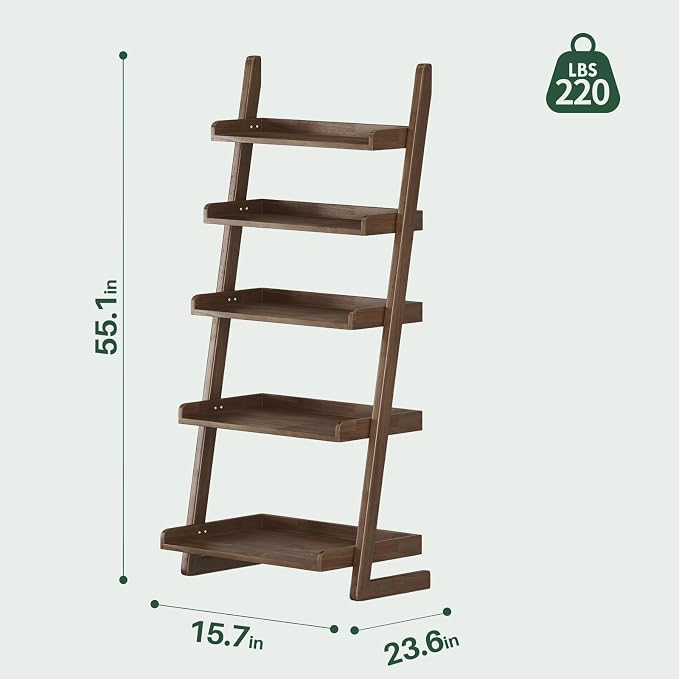 Wooden Walnut Ladder Shelf - 5-Tier Solid Wood Leaning Ladder Bookshelf Shelves Bookcase for Saving Space, 55" H Book Shelf for Living Room & Bedroom & Home Office