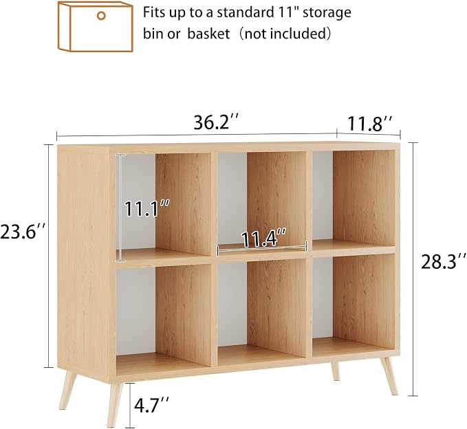 6 Cube Storage Organizer, Wood Bookcase with Legs, Modern Freestanding Cubby Shelving Unit, Book Shelf Toy Storage Cabinet for Bedroom, Living Room, Kids Room, Fits 11 Inch Bins, Natural