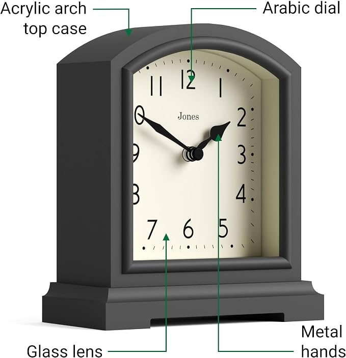 JONES CLOCKS® Tavern Mantel Clock | Modern Arch top Design | Dark Gray | Contemporary Classic Style for Desk, Table, Shelf or Bedside