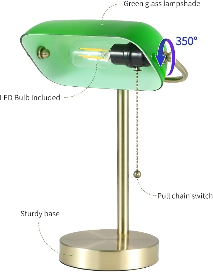 Traditional Green Glass Bankers Desk Lamp with Pull Chain Switch Plug in Fixture,LED Bulb Included