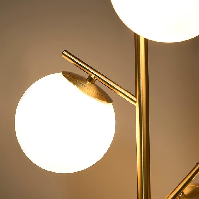 3-Light Tree Floor Lamp, Metal and Glass Modern Standing Lamp for Living Room Bedroom Office, 66.5" H, Gold and White