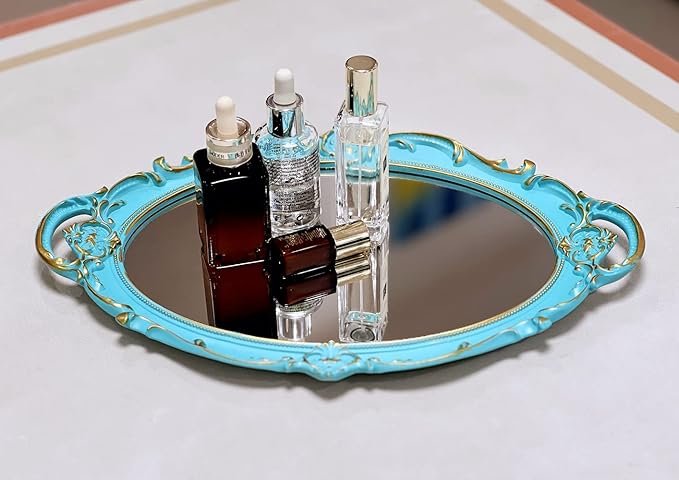 Oval Vintage Decorative Mirror Tray, Jewelry Dresser Organizer Tray, Cosmetics Makeup Storage Organizer, Serving Tray (9.8”x 14.6”) Blue