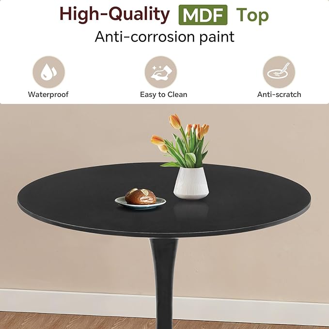 Round Dining Table 31.5" Black Tulip Table with Pedestal Base for 2-4 People Small Space - Kitchen Living Room Cafe