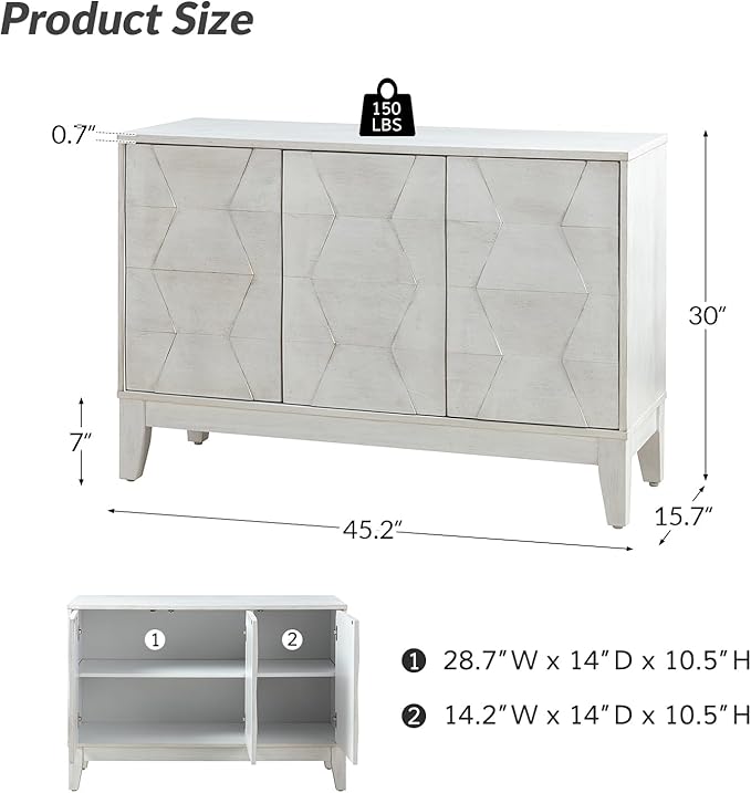 HULALA HOME Modern Kitchen Buffet Cabinet Storage Sideboard with 3D Geometric Design, Freestanding Floor Cabinet with 3 Doors & 2 Adjustable Interior Shelves for Living Room Dining Room Hallway, White