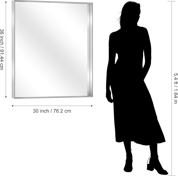 CIRCUMI Silver Bathroom Mirror, 30"x36" Rectangular Mirror with Deep Metal Frame, Brushed Finish, Tempered Glass, Mirror for Wall, Oversink, Bedroom, Installed Vertically/Horizontally, Crystal-Clear