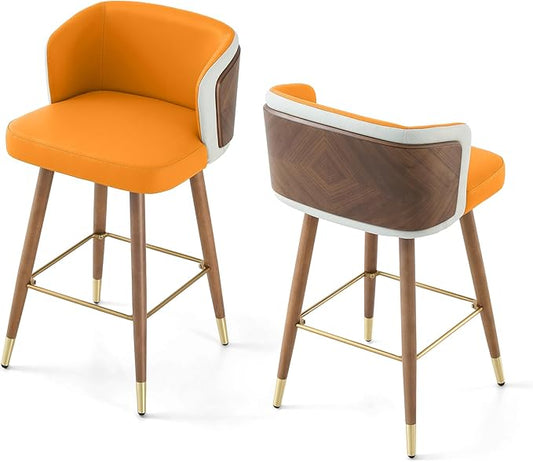 ARTPLAN Mid Century Modern Bar Stools Set of 2 for Counter Height - Leather Upholstered Seat with Walnut Wood Frame, Retro 34 Inch Bar Chairs for Home Kitchen Island, Bar, Breakfast Nook,Yellow