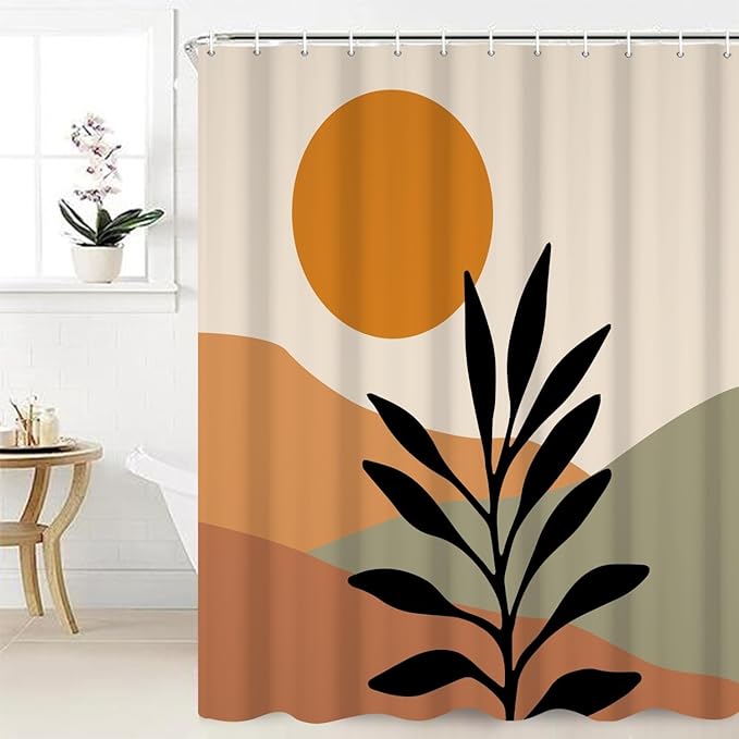 Bohemian Bathroom Shower Curtain Orange Sun Eucalyptus Leaves Abstract Mountain Boho Theme Bath Curtain with Hooks Waterproof Fabric Polyester Shower Curtain Modern Home Decor, 72x84 Inch