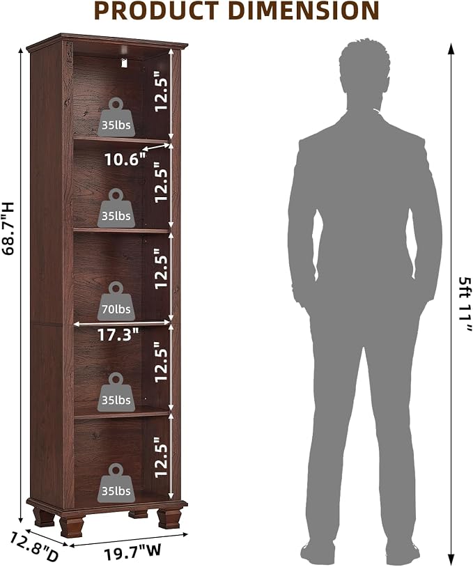 SAVOR LIFE Narrow Walnut Book Shelf, 70" Tall Skinny Bookshelf with Adjustable Shelves & Wooden Legs, Farmhouse Wood Bookcase w/5-Tier Open Storage, Free Standing Book Case for Office,Living Room,3PCS