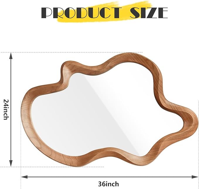 Irregular Wall Mirror,24"x 36"Asymmetrical Mirror Wood,Wooden Framed Wall Mirror,Modern Large Vanity Bathroom Mirror,Walnut Wavy Mirror for Entryway,Bedroom,Living Room,Washroom