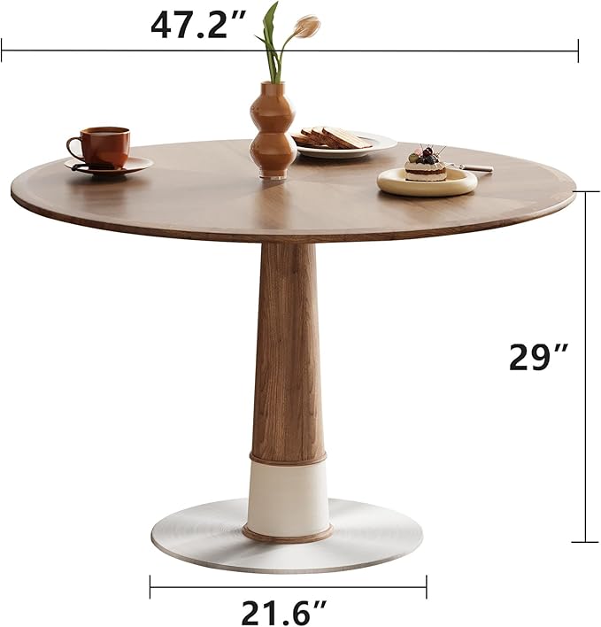 Modern Round Dining Table for 4-6 People, 47.2" Small Circle Pedestal Kitchen Table with Metal Base for Dining Room, Kitchen or Living Room, Walnut
