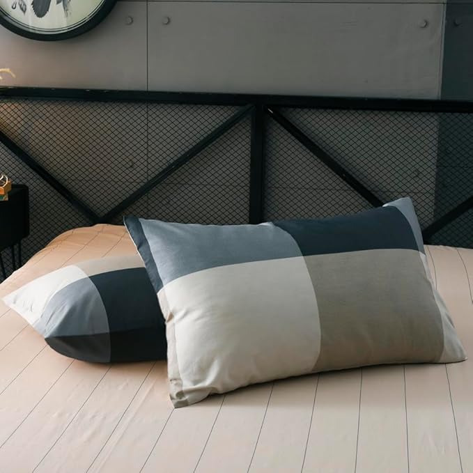 mixinni Full Size Checkered Duvet Cover Set - 3 Piece Grey Geometric Cotton Bedding Set with Zipper Closure & Corner Ties, 100% Washed Cotton Soft Breathable Duvet Cover for Men, Women, Teens (Full)
