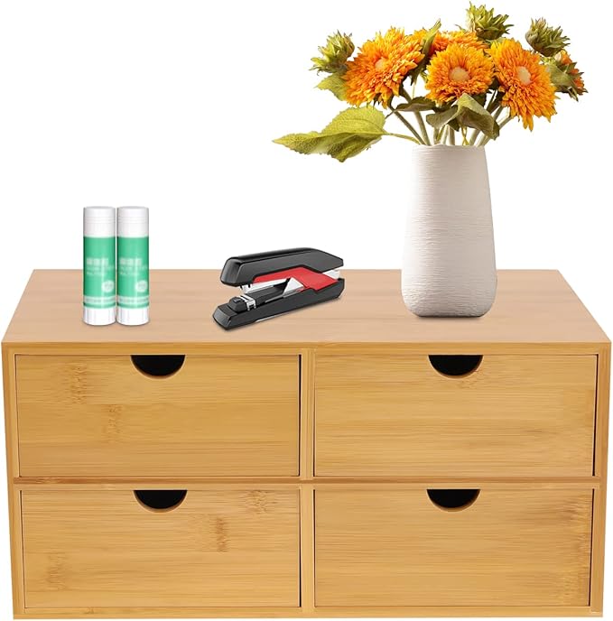 Bamboo Desk Organizer Small Retro Bamboo Tabletop Storage Box with Drawers& Recess Handles for Office Home Supplies Table Storage Collector 13 * 7.5 * 6in (4 Drawers)