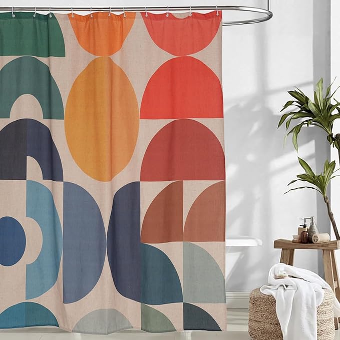 Mid Century Geometric Linen Shower Curtain Sets,Multicolor Geometry Bath Curtain,Modern Boho Abstract Art Bath Curtain for Bathroom with 12 Hooks, 72 x 72 Inches