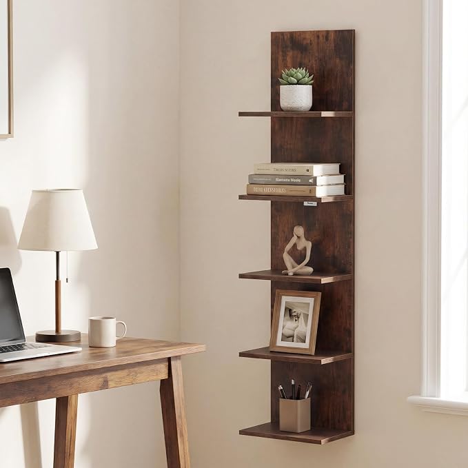 GOFLAME 5-Tier Wall Shelf, Wooden Display Floating Shelves, Wall Mounted Bookshelf Shelving Unit, Modern Storage Organizer Vanity Shelves for Living Room, Bedroom, Home Office (1,Rustic Brown)