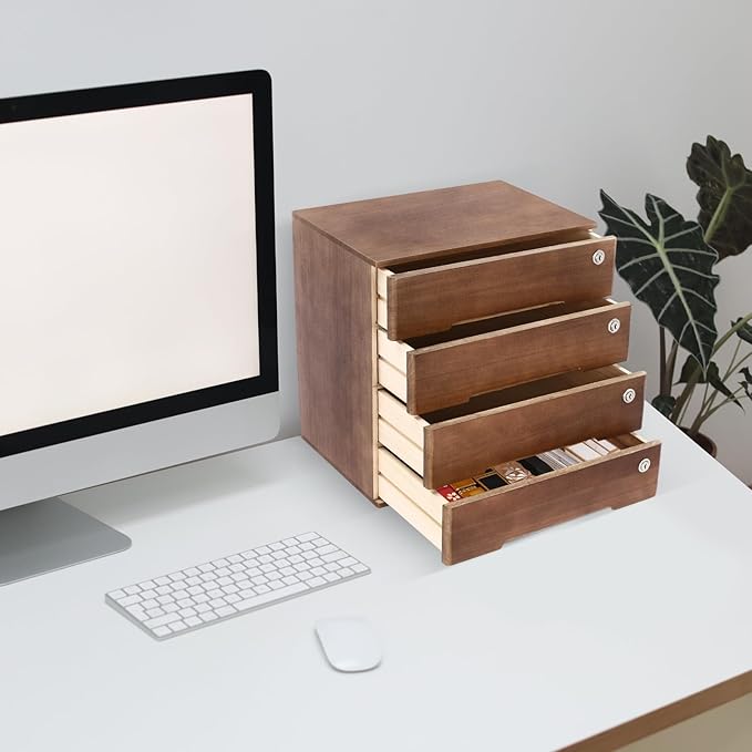 Desktop File Organizer with Lock, 2/3/4 Tier Multi-Drawer Wooden Storage Cabinet, Office Supply Organizer for Home Desk, Study & Workplace (Walnut, 4 Layers)