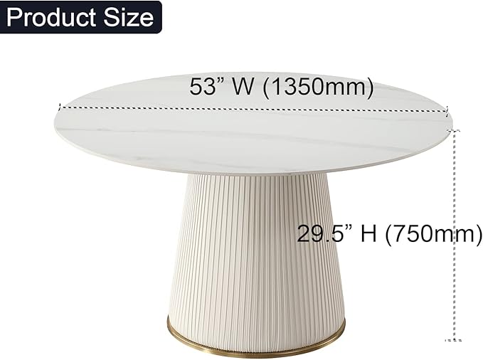 53'' Marble Round Dining Table, White Sintered Stone Tabletop and Cylindrical Base, Modern Dining Room Table for 4-6
