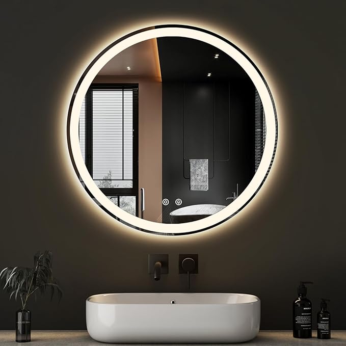NEWBULIG 28 Inch Round LED Bathroom Wall Mirror with Lights, Light up Vanity Bathroom Mirror for Over Sink, Anti-Fog and Dimmable, Front Light and Backlit, Memory Function, Shatter-Proof, White