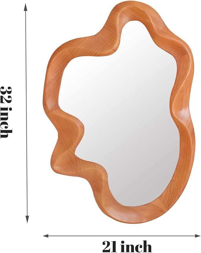 Gluck Plants Irregular Wall Mirror,Wavy Asymmetrical Wood Framed Decorative Mirror, Funky Modern Walnut Unique Large Shaped Decor Wall Mirrors for Entryway,Bedroom, Living Room;21"x32"