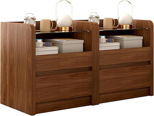 Walnut Nightstand Set of 2 with Charging Station, 20 Inch Wide Night Stand with Drawers, Modern Bedroom Bedside End Table with Round Corners & Reinforced Panel for Dorm, Sofa, Office, Living Room