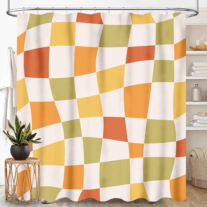 Checkered Shower Curtain for Bathroom, Retro 70s Funky Hippie Aesthetic Groovy Plaid Modern Checkboard Colorful Swirl Pastel Waterproof Fabric Shower Curtain Set with Hooks, 72"x78" Inch