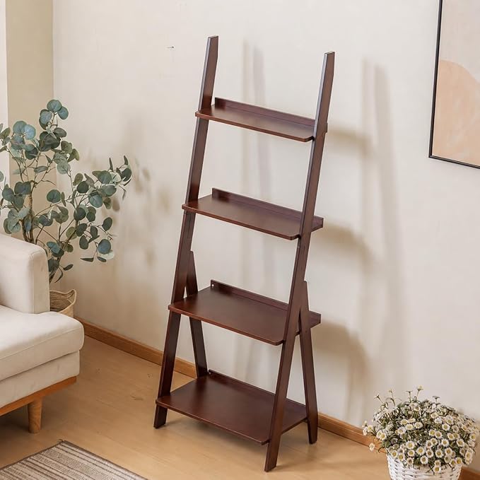 Maydear Bamboo Ladder Shelf Bookcase, 4-Tier Leaning Bookshelf Free Standing Organizer Storage Shelves for Living Room, Bedroom, Kitchen, Home Office, Balcony (Dark Walnut)