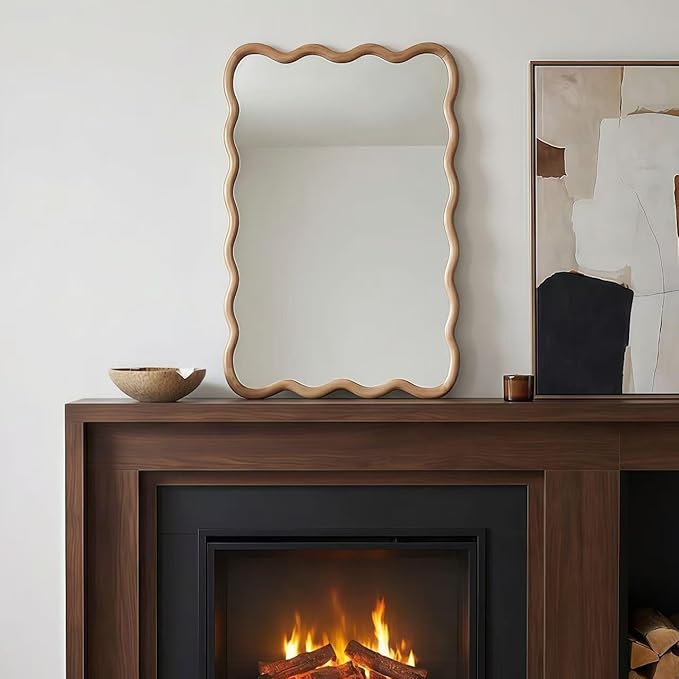 30x20 Inch Wooden Wavy Rectangle Wall Mirror, Modern Solid Wood Frame Decorative Accent Mirror for Bedroom, Bathroom, Living Room, Entryway, Natural Wood Color