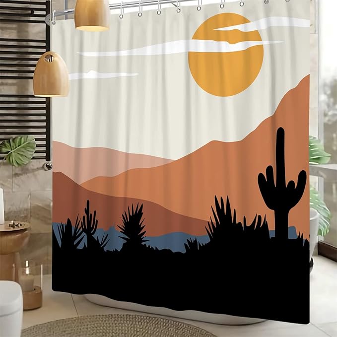 Baocicco Mid Century Shower Curtain Sun Mountains Cactus Modern Abstract Boho Art Shower Curtains Decorative for Bathroom Home Bathtubs Waterproof Fabric Shower Curtain with Hooks 72x72 Inches