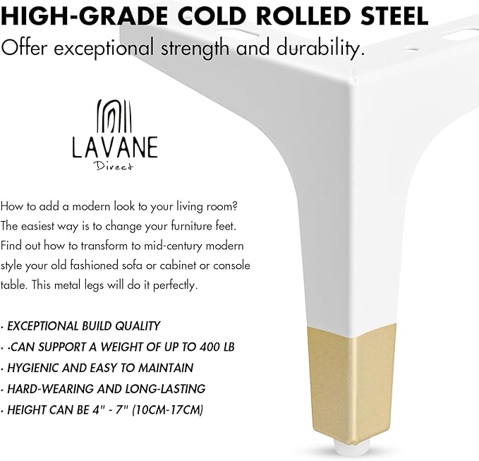 La Vane 7 Inch Metal Furniture Legs, Set of 4 - Modern Diamond Triangle White/Gold DIY Replacement Feet Corner Legs for Cabinet, Sofa, Sideboard, Couch, Dresser Makeover