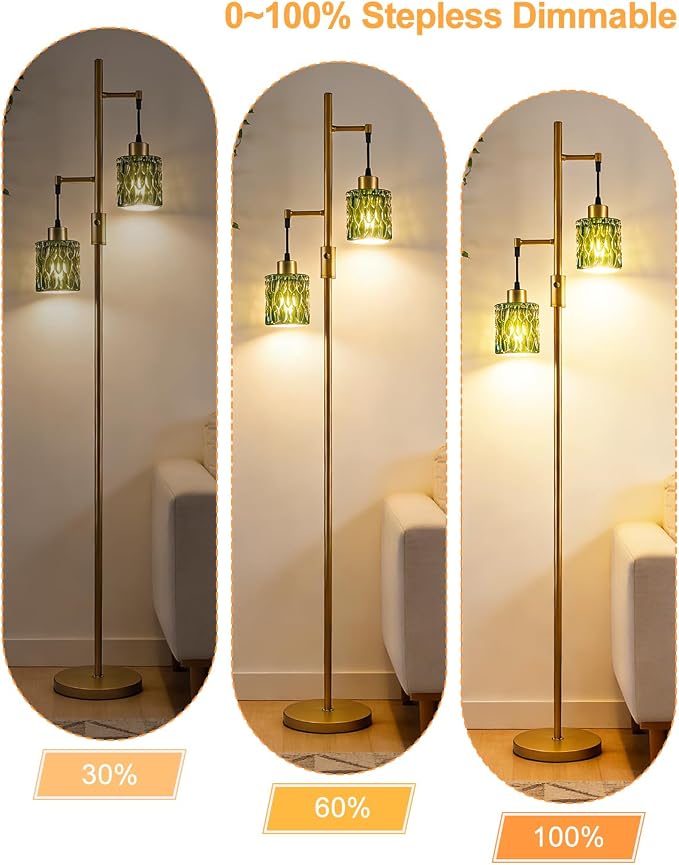 65IN Glass Floor Lamp, 2-Light Gold Tall Standing Lamps Dimmable with Green Glass Lampshade, 3000K Warmwhite Mid Century Modern Floor Lamp with 5Lbs Heavy Base for Living Room/Bedroom/Corner