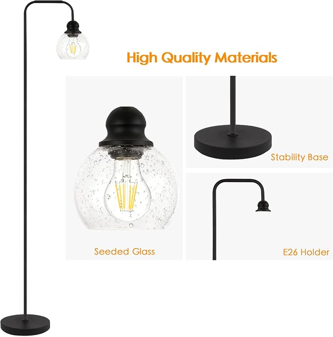 Modern Floor Lamp for Living Room with 6W LED Bulb, Industrial Floor Lamp, Seeded Glass, Black Classic Reading Tall Lamp for Home Office, Standing Lamps for Bedroom, Minimalist, Vintage, Farmhouse