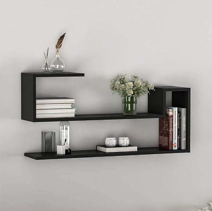 Geometric Wall Shelf: Modern MDF Floating Bookshelf (Black)