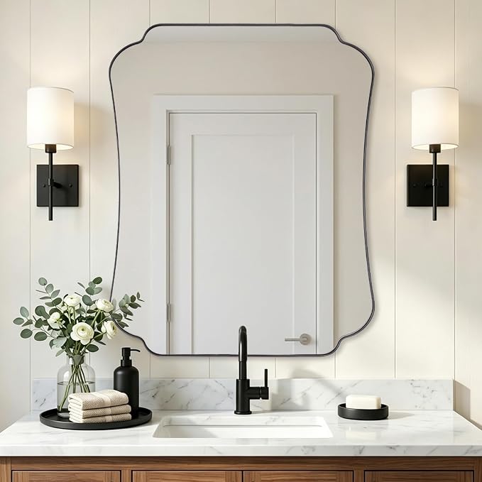 ANDY STAR Bathroom Vanity Mirror, 24x32 Matte Black Rectangle Mirror with Scalloped Round Corner, Vintage Asymmetrical Metal Wall Mirror for Entryway, Living Room