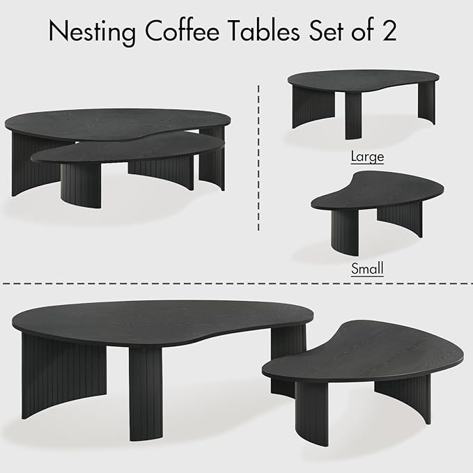 Black Wood Coffee Tables Set of 2 for Living Room, Modern Nesting Center Table with Fluted Solid Rubberwood Legs and Oval Mango Shape for Small Apartment