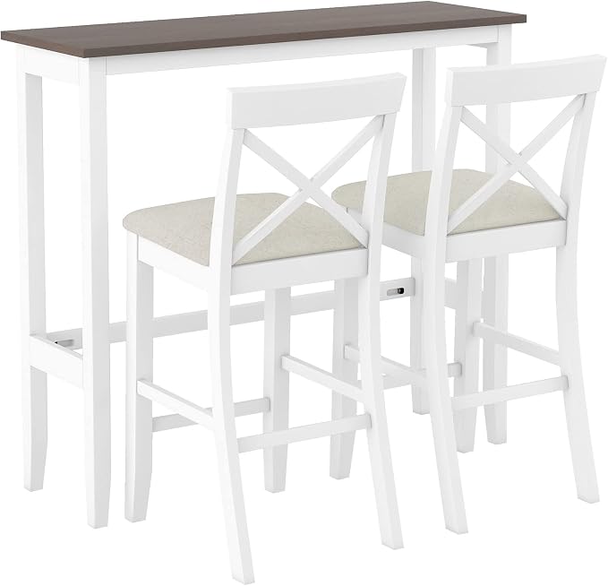 VilroCaz Farmhouse 3-Piece Counter Height Wood Kitchen Dining Sets, Home Bar Pub Kitchen Breakfast Set, 48'' Long Bar Table with 2 Upholstery Chairs for Small Places (Cherry+White)