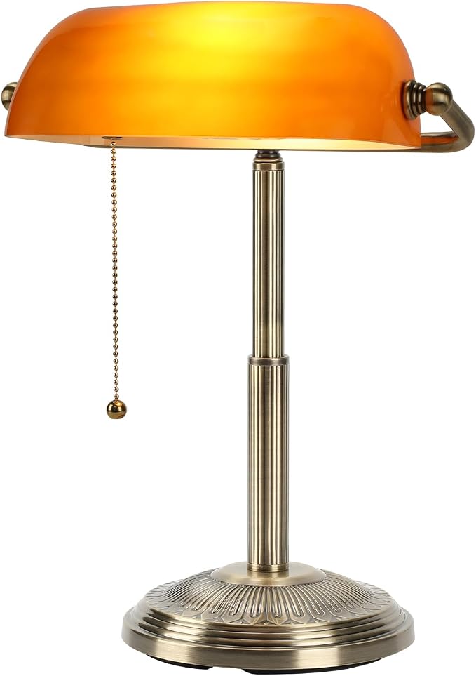 LINNMON Bankers Desk Lamp, Amber Retro Lamp, Vintage Lamp with Pull Chain Switch for Home Office (Brass+Amber)