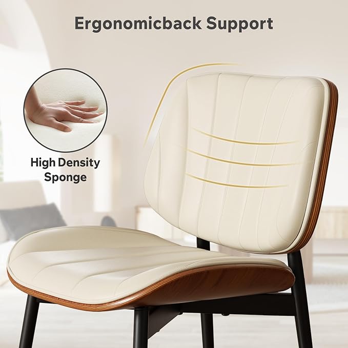 Dining Chairs Set of 2, Mid Century Modern Dining Room Chair, Upholstered Faux Leather Kitchen Chairs with Walnut Bentwood Back and Metal Legs for Kitchen Dining Room Living Room, Beige