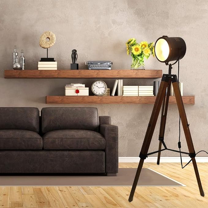 DEC LUCE DECOLUCE LIGHTING Vintage Industrial Tripod Floor Lamp - Adjustable Spotlight for Living Room & Bedroom | Wooden & Metal Design | Perfect for Office, Cinema, Dorm | Black (Bulb Not Included)