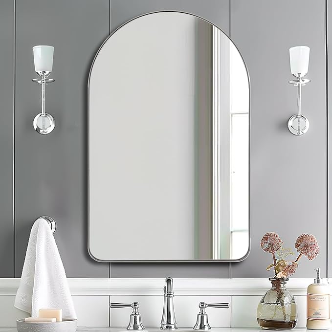 ANDY STAR Arched Mirror, 22 x 30 Inch Polished Chrome Wall Mirror in Stainless Steel Metal Frame, Arch Top Rounded Corner 1 Inch Deep Set Design Wall Mount Hangs Vertical