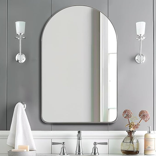 ANDY STAR Arched Mirror, 22 x 30 Inch Polished Chrome Wall Mirror in Stainless Steel Metal Frame, Arch Top Rounded Corner 1 Inch Deep Set Design Wall Mount Hangs Vertical