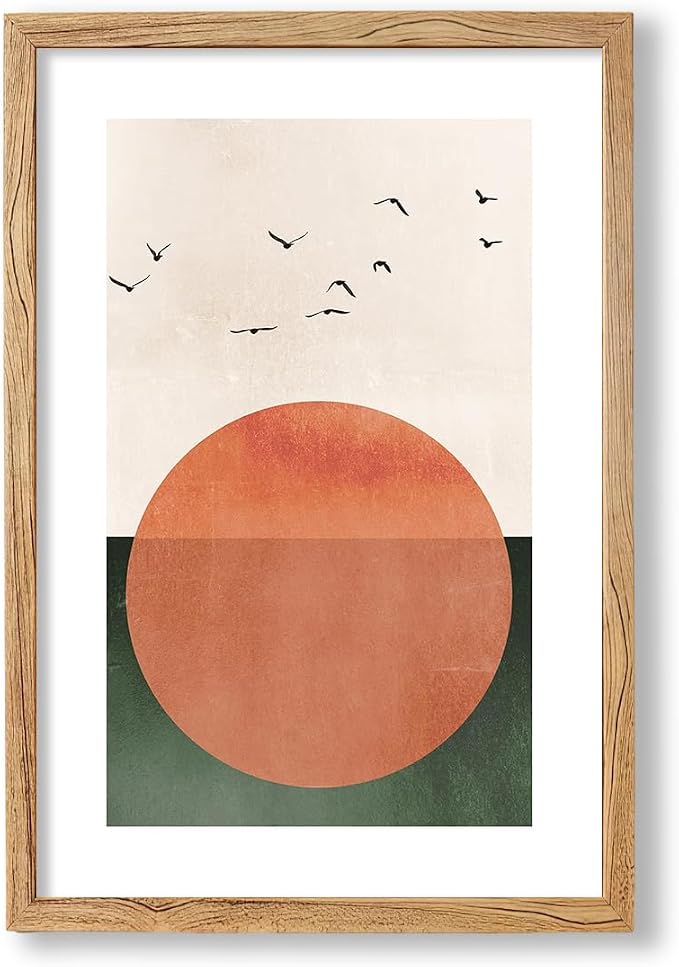 Framed Japanese Minimalist Sunset With Bird Wall Art Nature Geometric Abstract Poster Modern Mid Century Eclectic Canvas Prints for Living Room Gallery Home Decor 16x24 inch